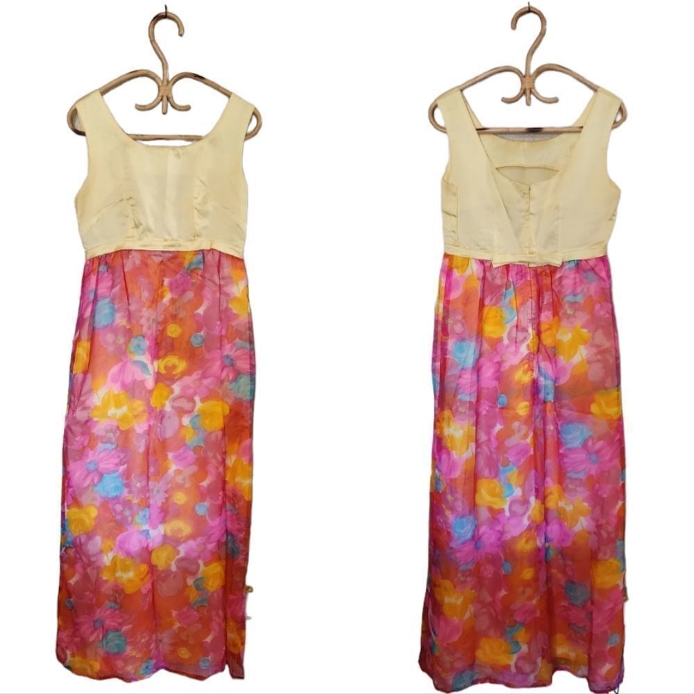 Vintage yellow Pink handmade long floral bright dress - Picture 4 of 8